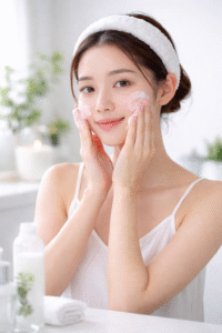 A girl applying a milky toner with her hands