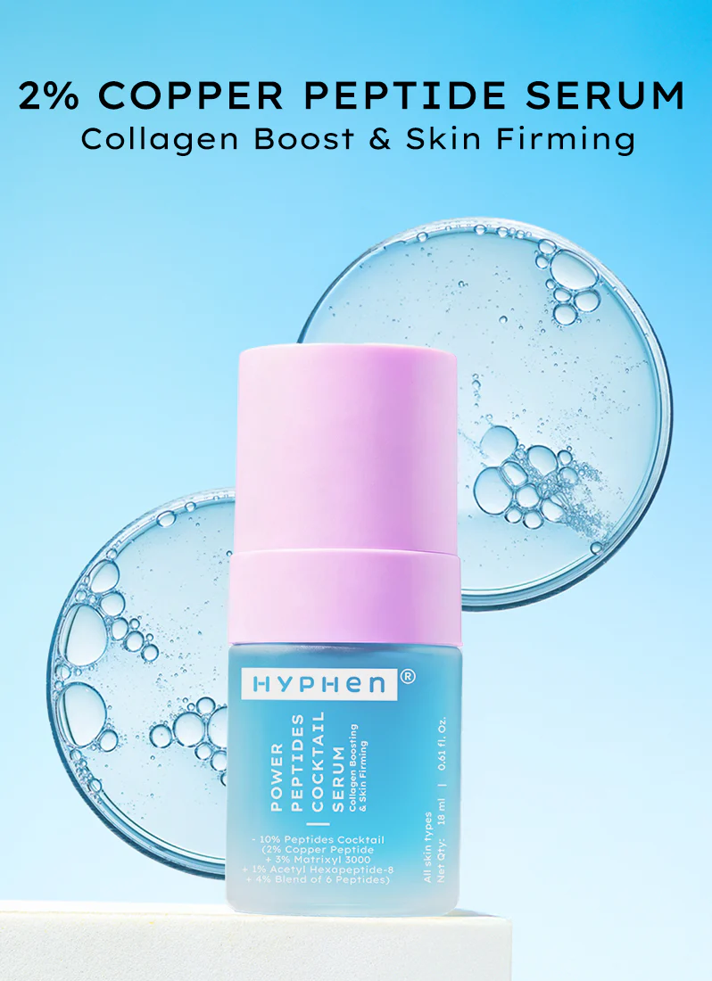 Hyphen Copper Petides Serum in a transparent bottle with blue color